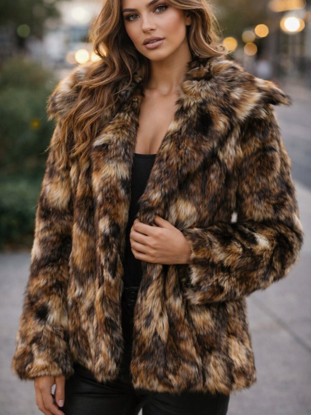 VENUS Multicolor Faux Fur Teddy Jacket in Brown & Cream Tones